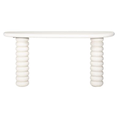 A white console table with an oval-shaped top and two cylindrical legs. The legs are composed of stacked, rounded elements resembling beads or discs. — 3D model
