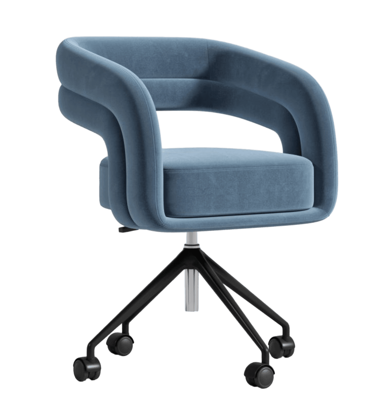 A modern armchair with a rounded, upholstered back and arms. The seat is a separate cushion. It is supported by a black, five-star base with casters for mobility. The upholstery appears to be a soft, textured fabric. — 3D model