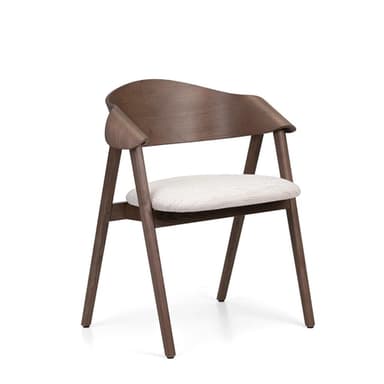 A modern dining armchair featuring a dark brown wooden frame, a distinctively curved and integrated wooden backrest that extends to form subtle armrests, and a contrasting light-colored, upholstered seat cushion. The chair stands on four angled, tapered wooden legs. — 3D model