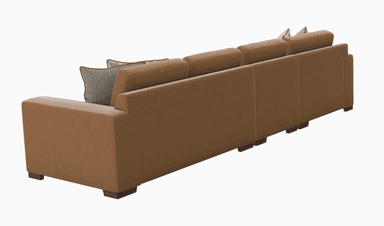 A modular sectional sofa with a chaise lounge on the left side. The sofa features multiple seat cushions and back cushions. Two decorative throw pillows are placed on the sofa. The sofa is upholstered in a smooth, brown material. The legs are low-profile and appear to be made of wood. — 3D model