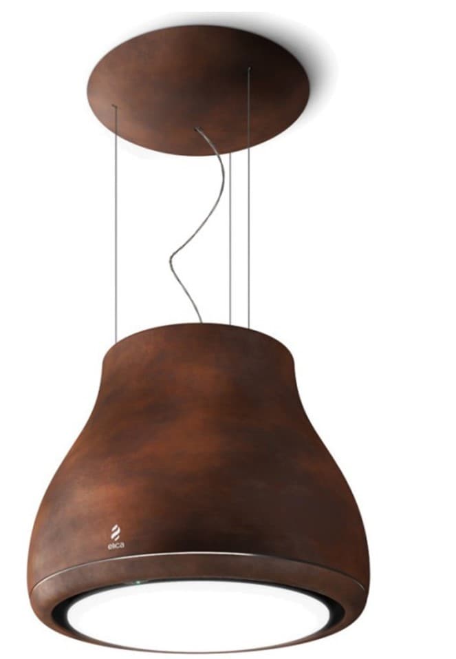 A bell-shaped pendant light with a distinctive rust-effect patina finish, suspended by multiple thin wires from a matching circular ceiling canopy. It features an integrated light diffuser at its base. — 3D model