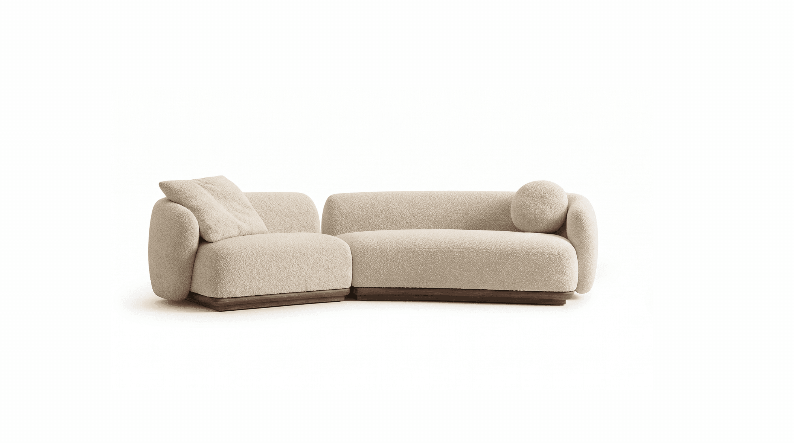A two-piece modular sectional sofa upholstered in cream boucle fabric, featuring soft, rounded forms and resting on a dark wooden plinth base. One section includes a loose back cushion, and the other has a cylindrical bolster cushion. — 3D model