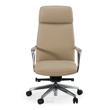 An executive high-back office chair upholstered in beige leather with polished metal accents. It features a padded headrest, ergonomic armrests, and a five-star base with casters for mobility. The chair includes a swivel mechanism and appears to have height adjustment capabilities. — 3D model