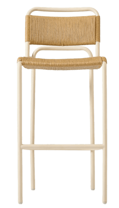 A contemporary bar stool featuring a light cream-colored tubular metal frame and a woven seat and backrest in a natural tan hue. The design is minimalist, combining industrial materials with organic textures. — 3D model