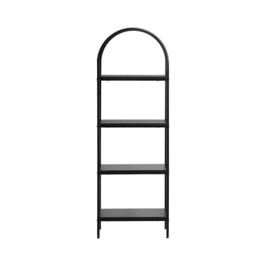 A black metal bookshelf with four shelves. The frame has a distinct arched top. The shelves are rectangular and appear to be made of a solid material, possibly wood or metal, with a matte black finish. The overall design is minimalist and modern. — 3D model