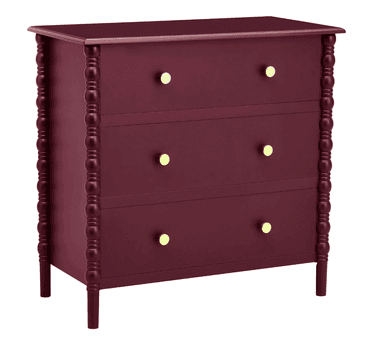 A contemporary three-drawer dresser featuring a deep burgundy finish, a flat top surface, and distinctive bobbin-turned side posts and legs. Each drawer is adorned with two circular brass-toned knobs. — 3D model