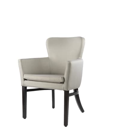 A detailed drawing of an upholstered armchair with various dimensions indicated. The chair features a padded seat, backrest, and armrests, supported by four tapered wooden legs. The upholstery appears to be a light-colored fabric, and the legs are dark. — 3D model