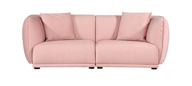 A two-seater sofa upholstered in a textured pink fabric. It features rounded armrests and back cushions, with two square throw pillows placed on top of the backrest. The sofa has a low profile with dark, almost invisible feet. — 3D model