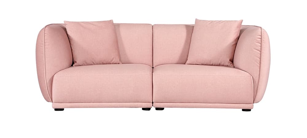 A two-seater sofa upholstered in a textured pink fabric. It features rounded armrests and back cushions, with two square throw pillows placed on top of the backrest. The sofa has a low profile with dark, almost invisible feet. — 3D model