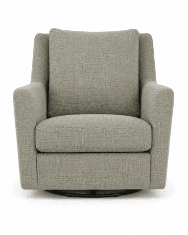 A contemporary upholstered armchair featuring a swivel base and a light grey textured fabric. The chair has a clean, minimalist silhouette with track arms and a separate back cushion. — 3D model