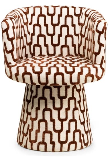 A swivel armchair upholstered in a fabric with a repeating geometric pattern. The armchair features a curved back and armrests that flow into a pedestal base. The base is conical in shape and tapers towards the bottom. The upholstery is a textured fabric with a cream background and a dark brown interlocking chain-link pattern. — 3D model