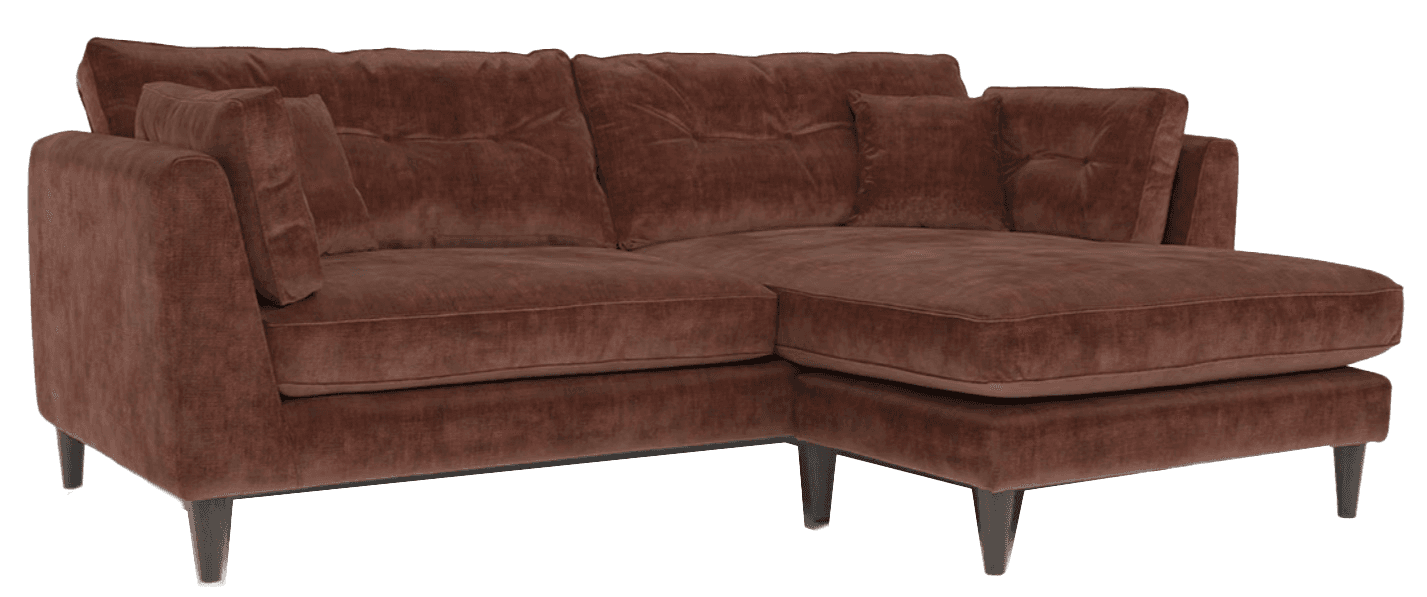 A contemporary sectional sofa featuring a right-hand chaise lounge, upholstered in a plush chocolate brown velvet fabric, with tufted backrests and short, tapered dark wood legs. — 3D model