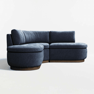 A modular sectional sofa upholstered in a dark blue textured fabric. The configuration includes at least two seat modules and a corner unit with a rounded chaise extension. The base of the sofa features a dark wood trim, likely veneer, with a slight curve that complements the overall design. The cushions are plush, and the backrests are integrated into the seat modules, with one angled backrest on the corner unit. — 3D model
