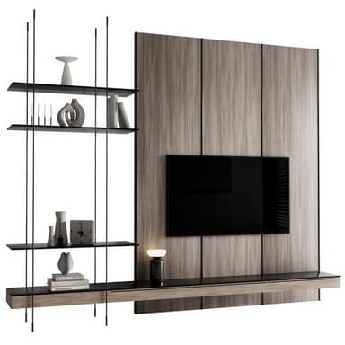 A contemporary wall-mounted entertainment unit featuring a light wood veneer back panel for a television, a floating media console with a dark top, and an integrated open shelving system with black metal supports and dark shelves. The unit combines display and storage functions. — 3D model
