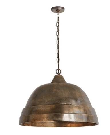A bell-shaped pendant light crafted from distressed brass, suspended by a matching chain. The shade features horizontal ribbed detailing, giving it an industrial or rustic aesthetic. — 3D model