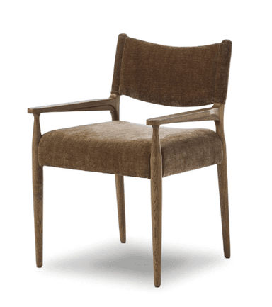 An upholstered armchair featuring a dark wooden frame and rich brown, textured fabric on the seat and backrest. The chair has integrated wooden arms and four slightly splayed, tapered legs. The backrest is gently curved, suggesting a comfortable seating experience. — 3D model