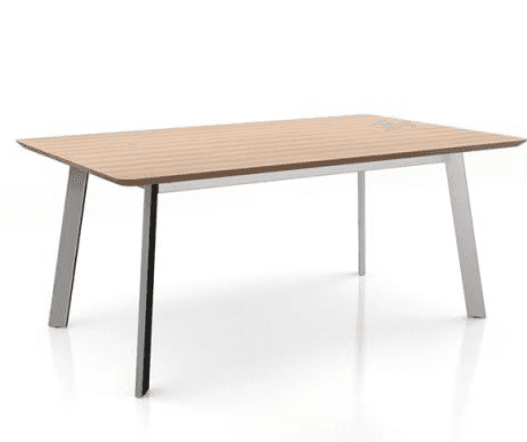 A modern rectangular table featuring a light wood-look tabletop with slightly rounded corners and four sleek, angled silver-colored metal legs. The design is minimalist and contemporary. — 3D model