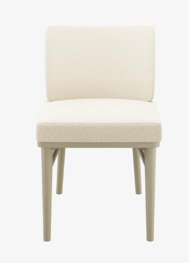 An armless dining chair featuring a fully upholstered seat and backrest in a textured, light cream boucle fabric. The frame is constructed from wood with a light sage green or greige finish, featuring gently tapered legs and stretchers for stability. A distinct cylindrical brass-toned metal accent is integrated into the upper part of one of the rear leg supports. — 3D model