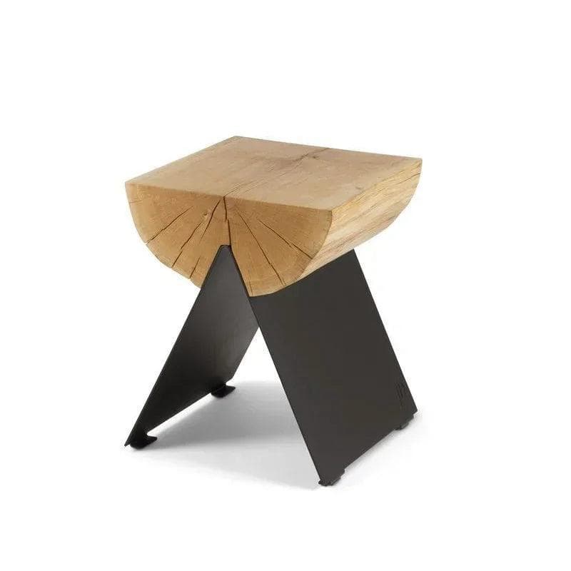 A stool with a seat made from a half-log of natural wood, showcasing prominent grain patterns and natural cracks. The seat is supported by two angled, matte black metal legs that form an X-shape when viewed from the side. — 3D model