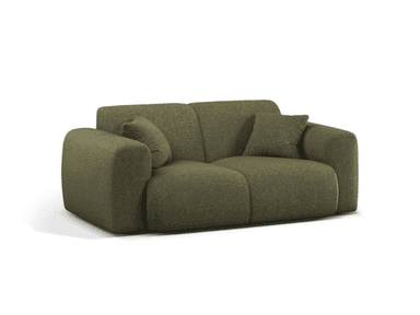 A modern, upholstered two-seater loveseat in a dark green textured fabric, presented on a white background. It features a low profile with soft, rounded edges on the arms and back, giving it a plush, inviting appearance. The seating area is divided into two distinct cushions, and two matching square throw pillows are placed on either side. — 3D model