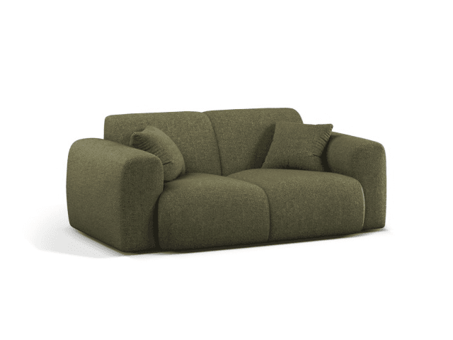 A modern, upholstered two-seater loveseat in a dark green textured fabric, presented on a white background. It features a low profile with soft, rounded edges on the arms and back, giving it a plush, inviting appearance. The seating area is divided into two distinct cushions, and two matching square throw pillows are placed on either side. — 3D model