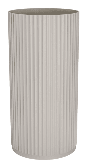 A tall, cylindrical floor planter featuring a ribbed or fluted exterior texture and a matte light grey finish. The design is simple and modern, suitable for various interior aesthetics. — 3D model