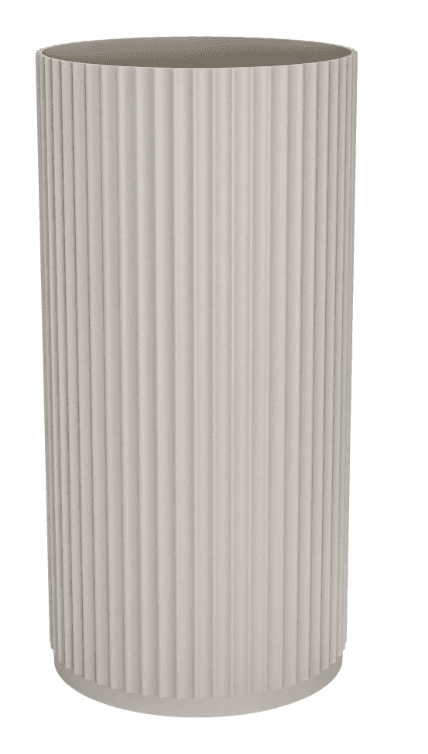 A tall, cylindrical floor planter featuring a ribbed or fluted exterior texture and a matte light grey finish. The design is simple and modern, suitable for various interior aesthetics. — 3D model