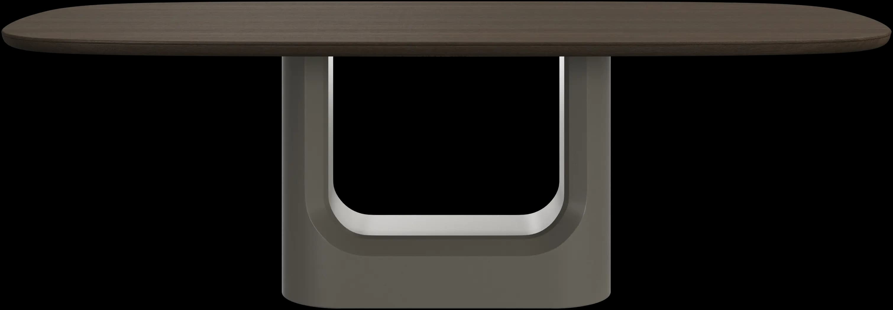 A modern dining table featuring an elongated oval dark wood tabletop supported by a distinctive U-shaped pedestal base with rounded corners, finished in a matte grey color. — 3D model