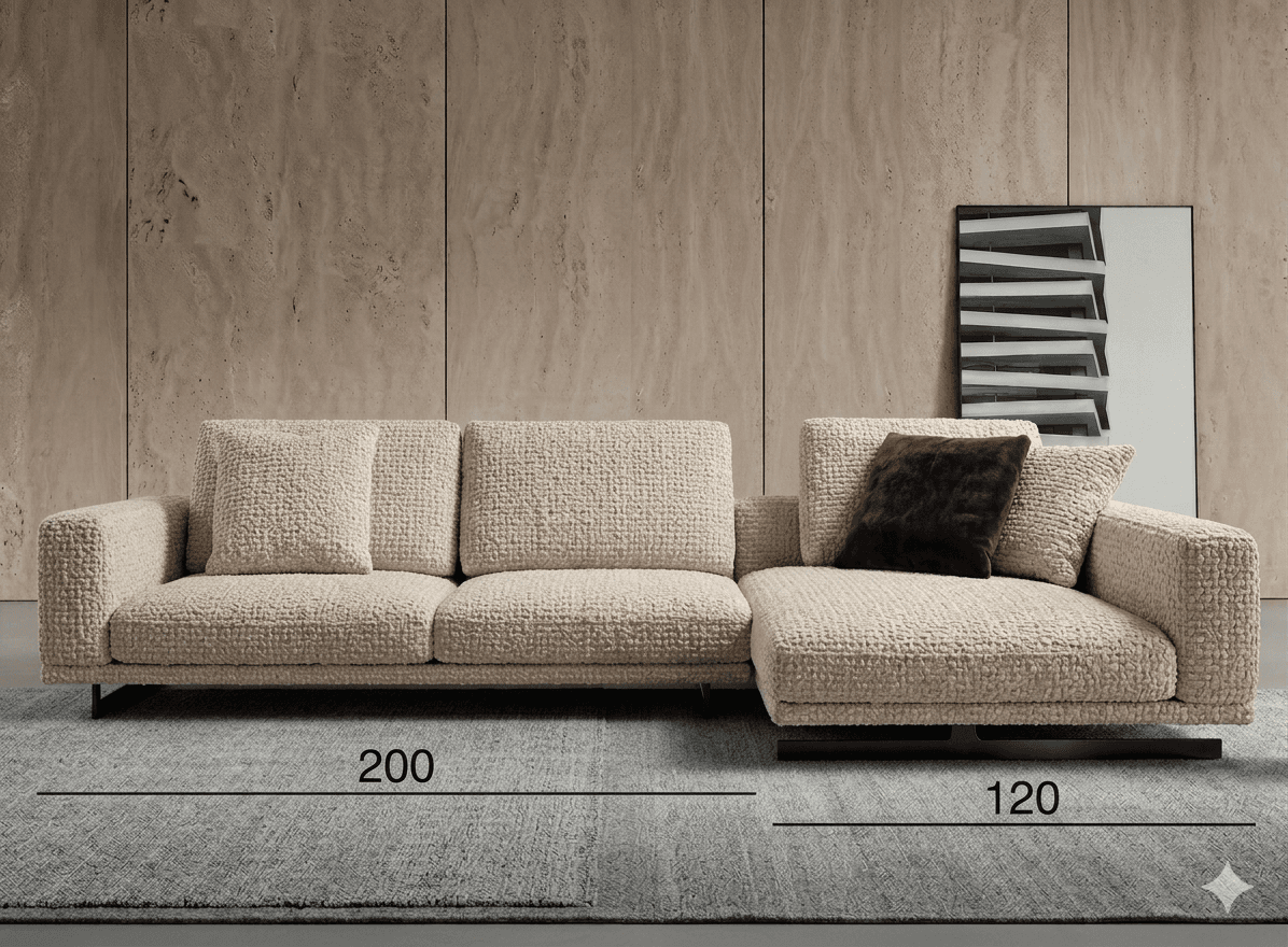 A sectional sofa with a light beige, textured upholstery. It features a chaise lounge extension and comes with two throw pillows, one in a matching textured fabric and one in a dark brown velvet. The sofa has clean lines and appears to be supported by a low-profile black base. — 3D model