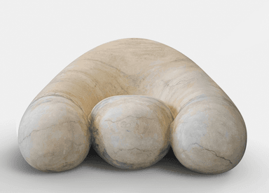 A sculptural low lounge chair made from light-colored, veined travertine stone. It features a continuous, organic U-shaped or horseshoe-shaped form that serves as the back and arms, integrating with a central, spherical seat component. The design emphasizes rounded, voluminous shapes and the natural patterns of the stone. — 3D model
