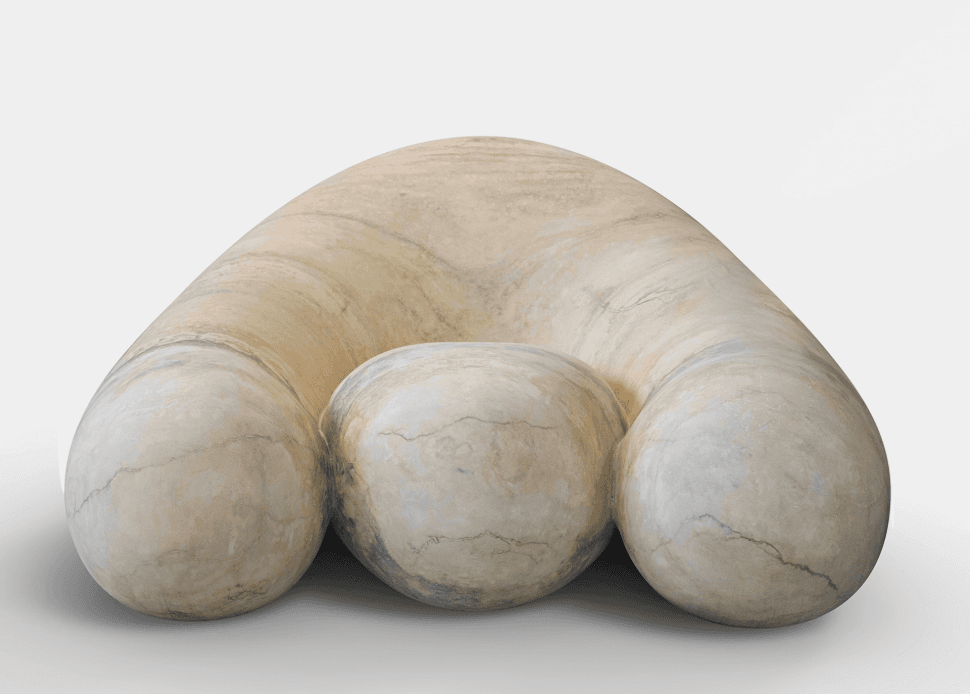 A sculptural low lounge chair made from light-colored, veined travertine stone. It features a continuous, organic U-shaped or horseshoe-shaped form that serves as the back and arms, integrating with a central, spherical seat component. The design emphasizes rounded, voluminous shapes and the natural patterns of the stone. — 3D model