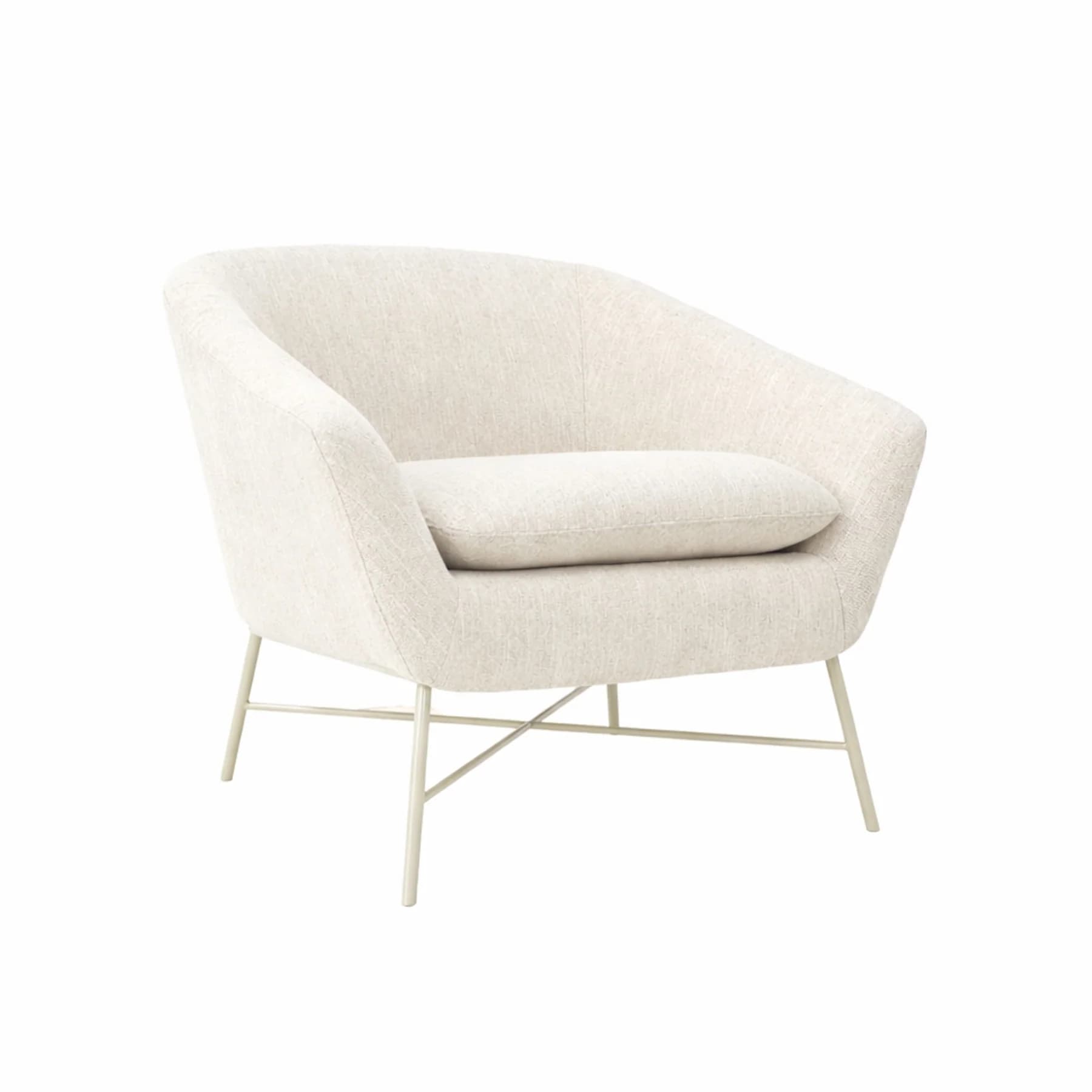 A modern armchair upholstered in a textured, light-colored fabric. It features a gently curved backrest that flows into the armrests, a separate seat cushion, and a slender metal base with cross bracing. The base has four angled legs. — 3D model