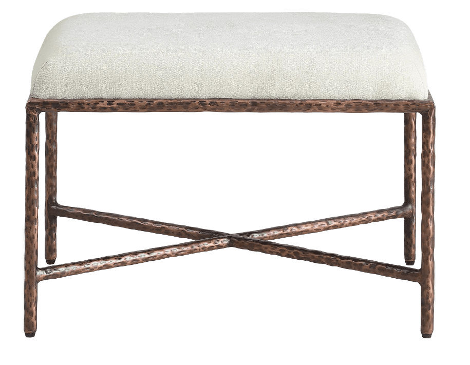 An upholstered bench featuring a sturdy metal frame with a distinctive hammered texture and a comfortable padded seat. — 3D model