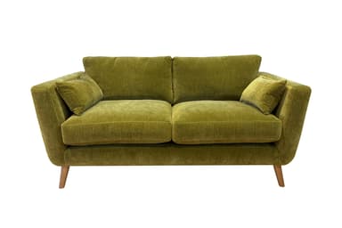 A two-seater loveseat upholstered in ribbed olive green fabric, featuring two loose back cushions and four tapered wooden legs, viewed from the rear. — 3D model