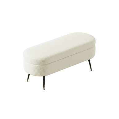 An oval-shaped, off-white boucle upholstered storage bench with slender black metal legs featuring brass tips. The top functions as a hinged lid, revealing internal storage. — 3D model