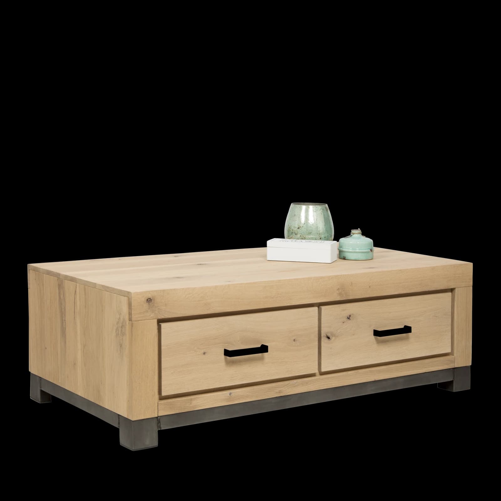A rectangular coffee table with a light-colored wooden top and front panels. It features two drawers with black, minimalist handles. The base is a dark metal frame that supports the wooden structure, with short, dark metal legs. Decorative objects, including a green glass vase and a small light blue ceramic object, are placed on the tabletop. — 3D model