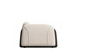 A modern two-seater sofa featuring light-colored fabric upholstery, rounded profiles, and distinctive dark accent panels on the exterior of its armrests. — 3D model