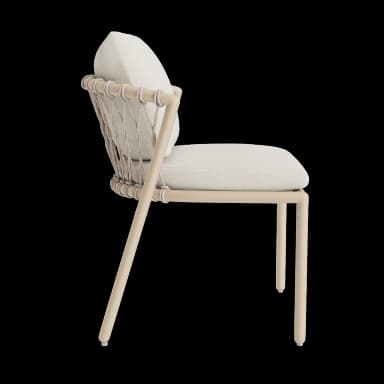A contemporary armchair featuring a light beige powder-coated metal frame, a distinctive woven beige rope backrest, and two thick, light cream-colored upholstered cushions for the seat and back. — 3D model