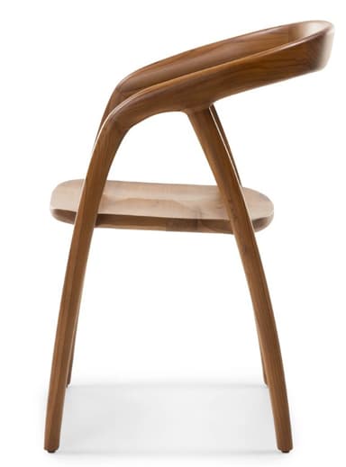 A meticulously crafted solid wood armchair featuring a flowing, organic design. The backrest and armrests form a continuous, gently curved line, and the seat is a sculpted, slightly scooped wooden panel. The chair is supported by four slender, round, slightly splayed legs. — 3D model