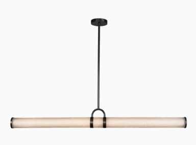 A contemporary linear pendant light featuring a long, horizontal tubular diffuser suspended by a dark metal rod and decorative bands, designed for overhead illumination. — 3D model