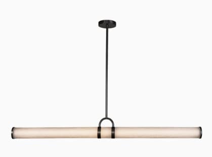 A contemporary linear pendant light featuring a long, horizontal tubular diffuser suspended by a dark metal rod and decorative bands, designed for overhead illumination. — 3D model