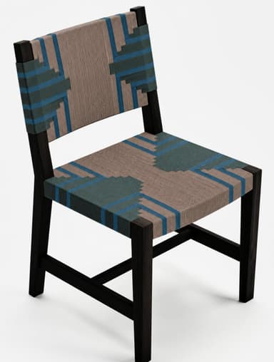 A contemporary armless chair featuring a dark-stained solid wood frame and an intricately woven cord seat and backrest. The weaving displays a geometric pattern using beige, teal, and blue tones. — 3D model