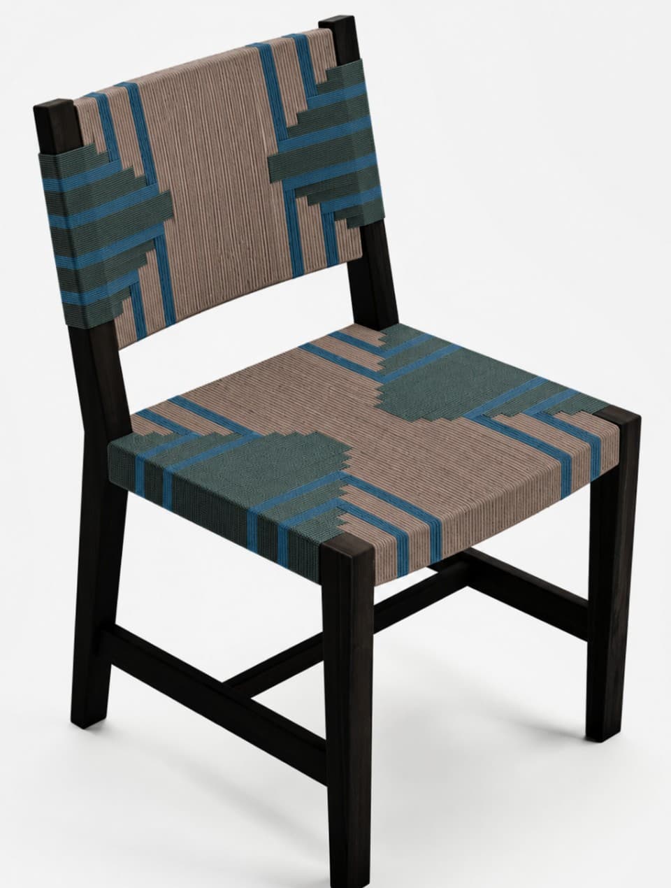 A contemporary armless chair featuring a dark-stained solid wood frame and an intricately woven cord seat and backrest. The weaving displays a geometric pattern using beige, teal, and blue tones. — 3D model