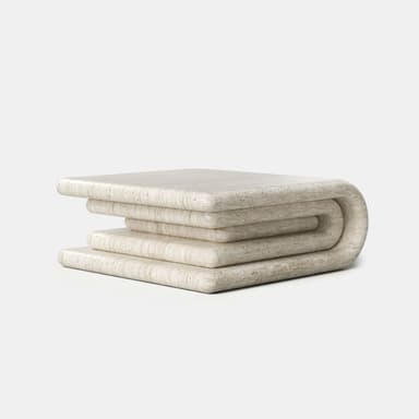 A low, rectangular coffee table crafted from light-colored travertine, featuring a unique sculptural design. The top surface is a thick slab that gracefully bends downwards at one end, forming a series of progressively smaller, rounded, layered platforms beneath. — 3D model