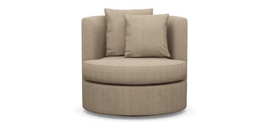A contemporary upholstered round swivel chair in a neutral beige fabric, featuring a deep seat cushion and two back cushions for comfort. The chair has an integrated curved back and arms, and a full circular base allowing it to swivel. — 3D model