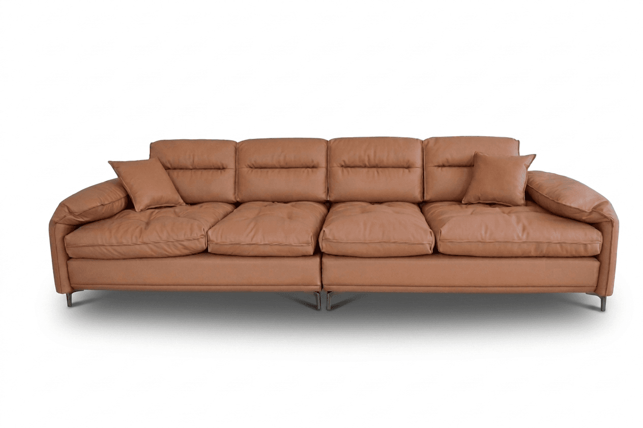 A contemporary, low-profile sectional sofa with four seat cushions and four back cushions. The sofa features a tufted design on the seat cushions and a smooth finish on the back cushions. Two square throw pillows are placed on either end. The sofa is supported by slim, metal legs. — 3D model