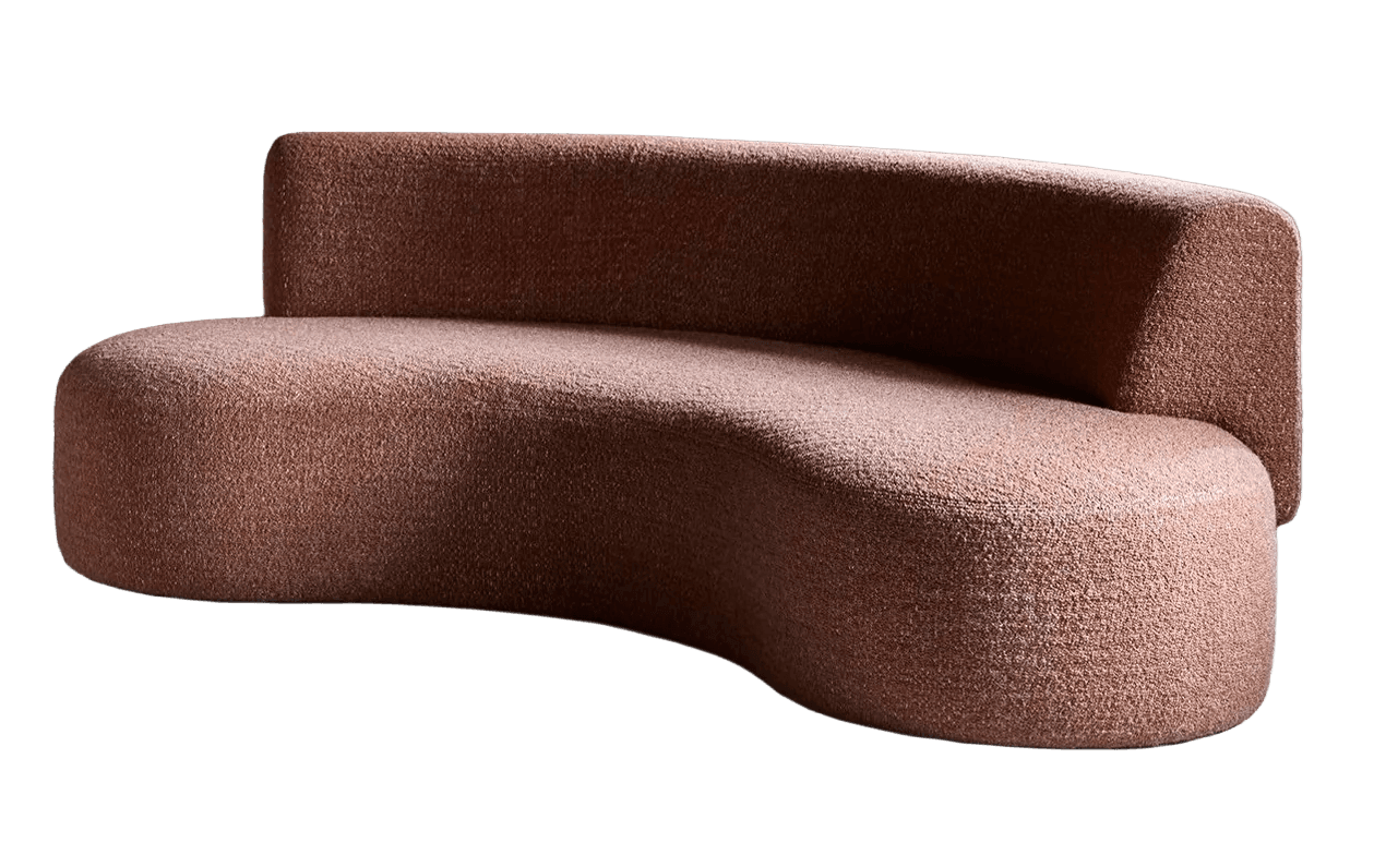 A contemporary sofa with a distinct curved silhouette, featuring a textured boucle upholstery. The design is organic and flowing, with a low profile and a backrest that wraps around part of the seating area. The sofa appears to be modular or designed to fit into a specific space due to its asymmetric form. — 3D model