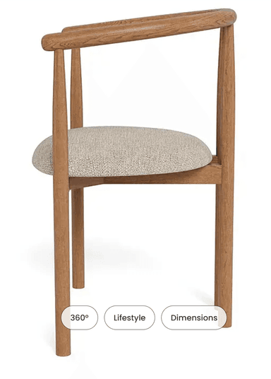 A wooden armchair with a curved backrest that extends into armrests. The seat is upholstered in a textured fabric. The chair has four legs and a minimalist design. — 3D model
