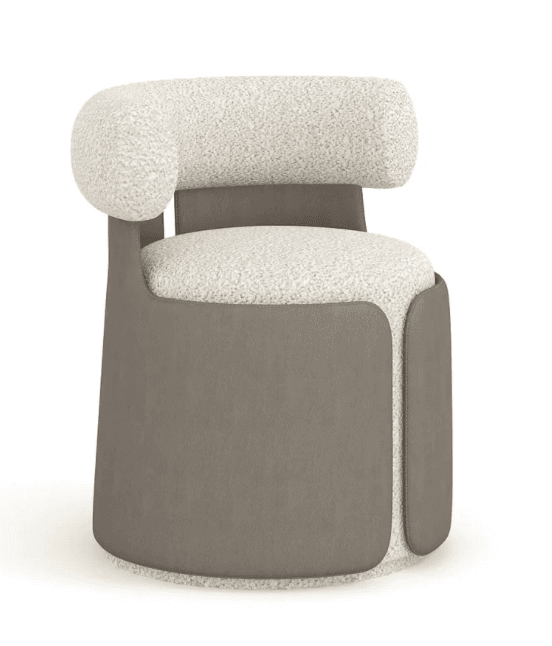 A modern armchair with a rounded back and integrated arms, featuring contrasting materials. The seat and interior of the backrest are upholstered in a textured, light-colored boucle fabric, while the exterior of the base and the backrest support are covered in a smooth, dark gray material that appears to be leather or a similar synthetic. — 3D model