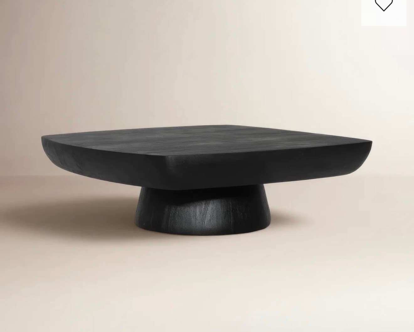 A low-profile, square coffee table with a thick, sculpted top and a rounded, pedestal base. The surface exhibits a visible wood grain texture, and the edges of the tabletop are slightly rounded. — 3D model